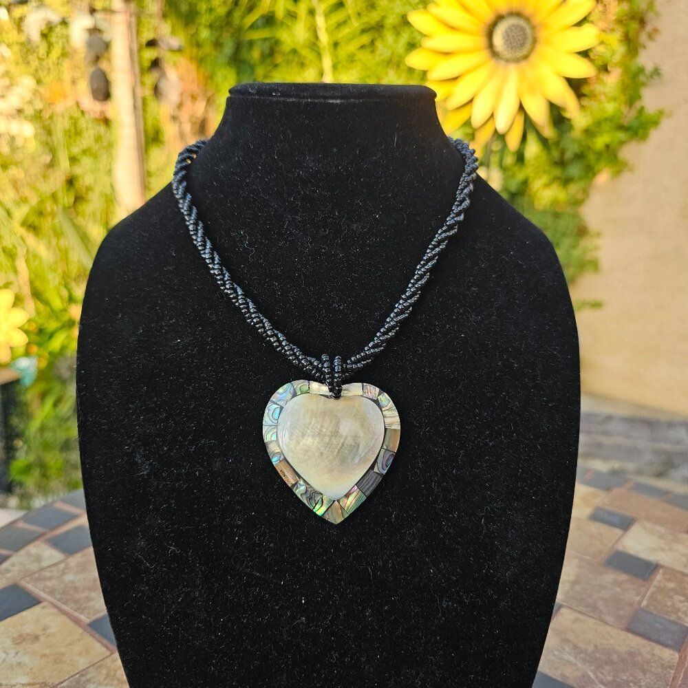 Vintage Black Braided Cord Necklace with Iridescent Abalone Heart Pendant